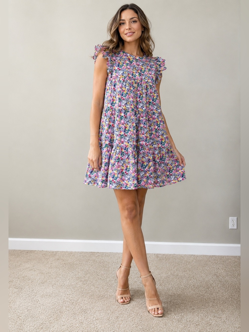 ENGLISH FACTORY Girls Floral Tiered Ruffle Sleeve Dress Pink Multicolor XS